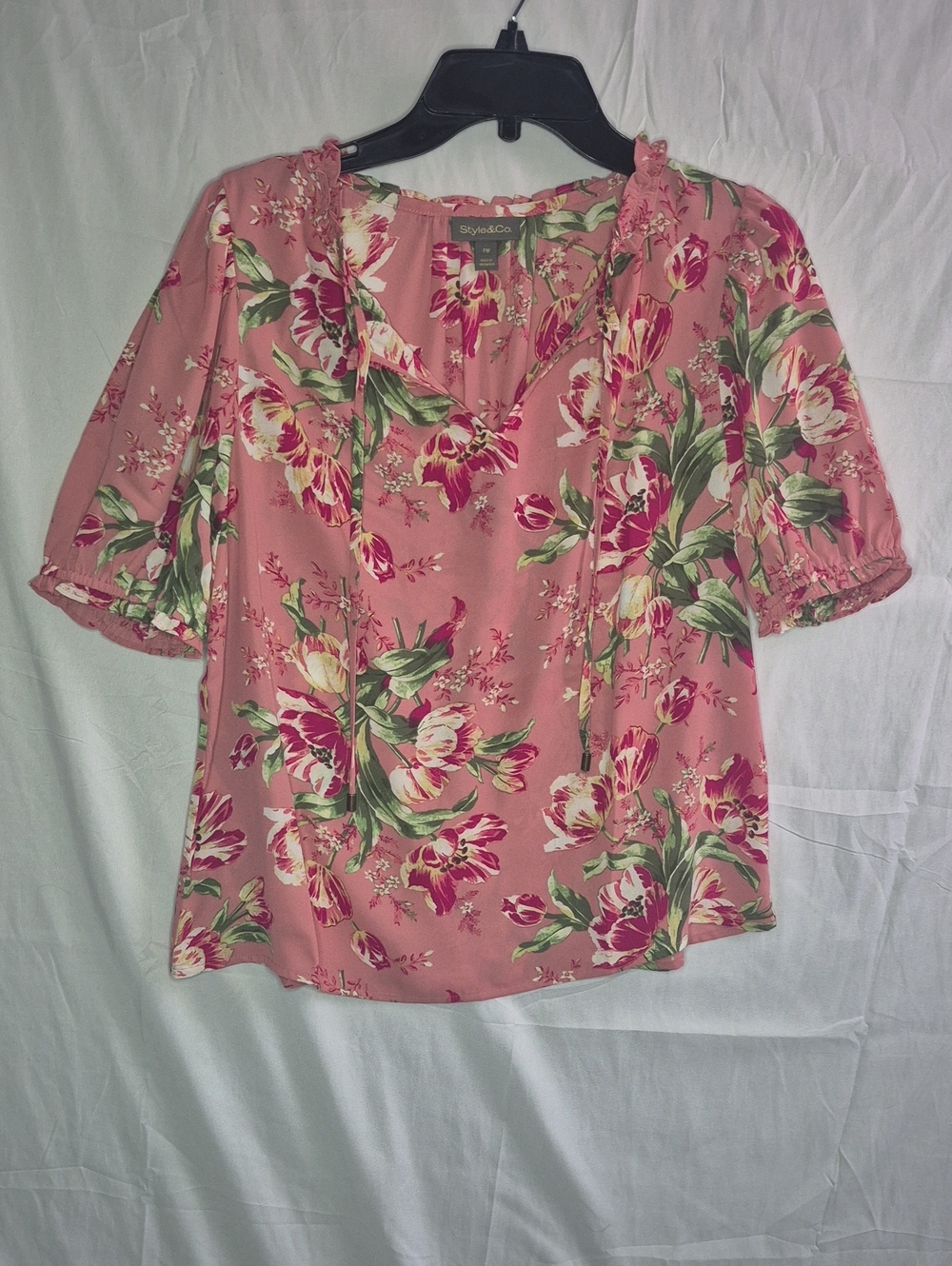 Style & Co. Rose Pink Floral V-Neck Tie Peasant Blouse